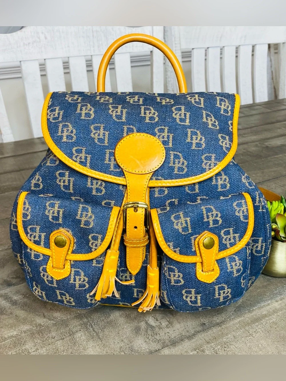 Vintage Dooney & Bourke Denim Monogram Backpack Purse DB Canvas Tan Leather Trim